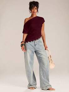 SHEIN BAE Women's Burgundy Fashion Sexy Casual Solid Color Minimalist Asymmetric Hem Lace Patchwork Night Out T-Shirt, Suitable For Spring/Summer Layering - Burgundy - View 7