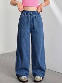 SHEIN Vintaside Kids Jeans à taille élastique et jambes larges pour filles préadolescentes, toutes saisons, décontracté, style preppy, bleu clair, en coton denim, doux et confortable, polyvalent pour l'école et les sorties quotidiennes, printemps-été, tenue en denim pour fille préadolescente - Jean brut - Voir 3