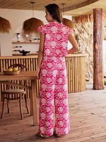 Lullawish Conjunto de pijama de mujer con estampado de ondas de agua y conchas estilo bohemio, efecto burbuja y arrugado - Multicolor - Ver 2