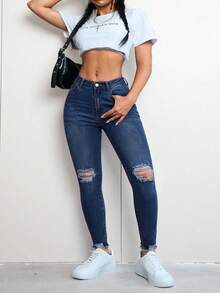 SHEIN Unity Plus Size Women's Distressed Street Style Kawaii Casual Formal Skinny Leg Jeans Back-To-School Graduation Navy Blue Summer Club - Dark Wash - View 5