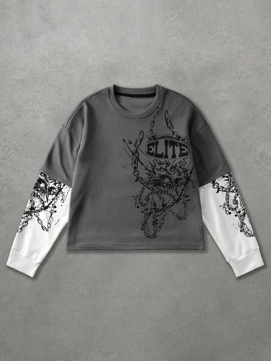 ROMWE MEN Men's Colorblock Patchwork Gothic Print T-Shirt - Grey - View 1