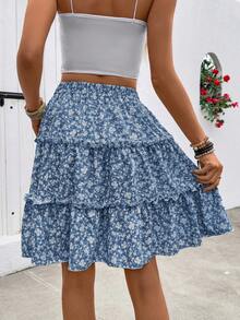 Breezaya Rok Bertingkat dengan Hiasan Rumbai Motif Bunga untuk Liburan Musim Semi/Panas - Navy Blue - View 2