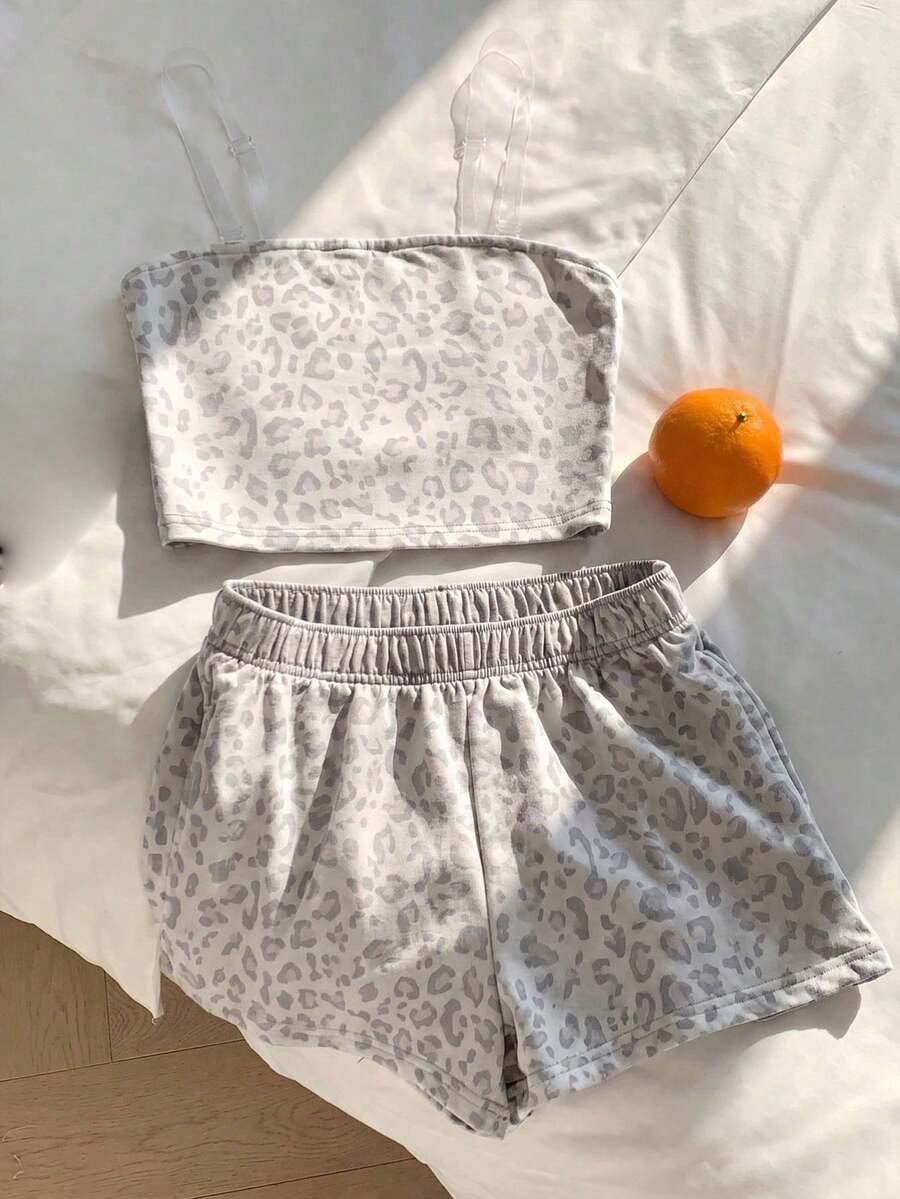 SHEIN 青少年女孩夏季休閒豹紋抹胸上衣與短褲套裝 - 灰色 - 查看 1