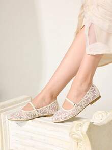 CUCCOO CHICEST 女士春夏蕾丝提花金属扣方头平底鞋，1厘米复古蕾丝面料，家居通勤购物约会旅行节日礼物 - 米色7 - 查看 9