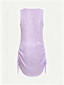 Swim Lushoire Kimono Kasual Wanita untuk Liburan, Warna Polos, Kancing Depan, Tali Serut Samping, Tanpa Lengan - Mauve Purple - View 8