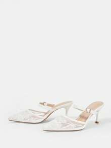 CUCCOO HITCHD Scarpe da donna nuovi modelli primavera ed estate, sandali Mueller a punta con ricamo in rete, fibbia e tacco sottile, pantofole con tacco alto, stile retrò leggero e familiare, scarpe da pendolare per il lavoro, scarpe da appuntamento e banchetto, eleganti, sottili e versatili - Bianco - Visualizzare 3