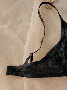 Crystal Vow Lace Patchwork Solid Color Underwire Push-Up Semi-Sheer Unlined Women's Bra - Black - View 4