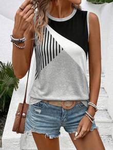 SHEIN Women's Round Neck Colorblock Casual Versatile Daily Wear Top - Multicolor - View 1
