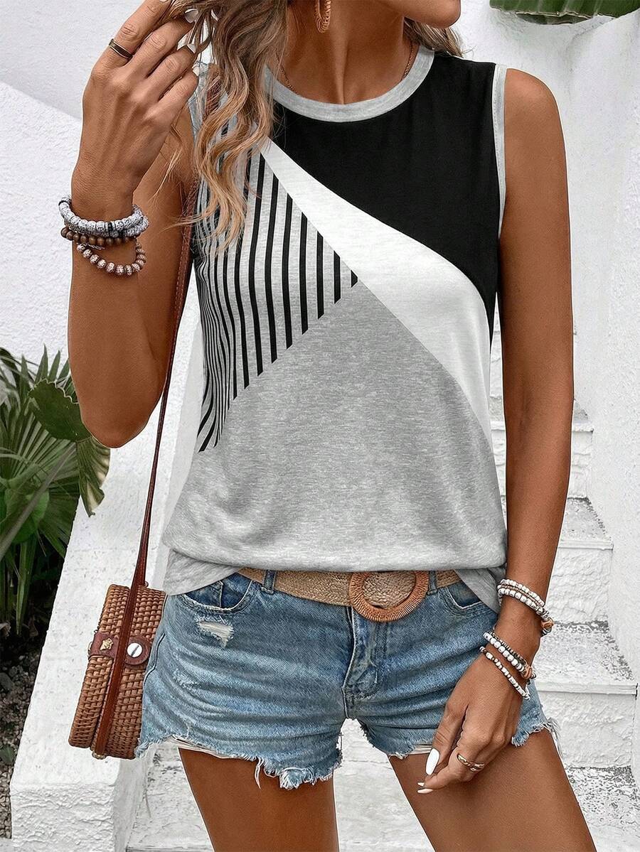 SHEIN Women's Round Neck Colorblock Casual Versatile Daily Wear Top - Multicolor - View 1