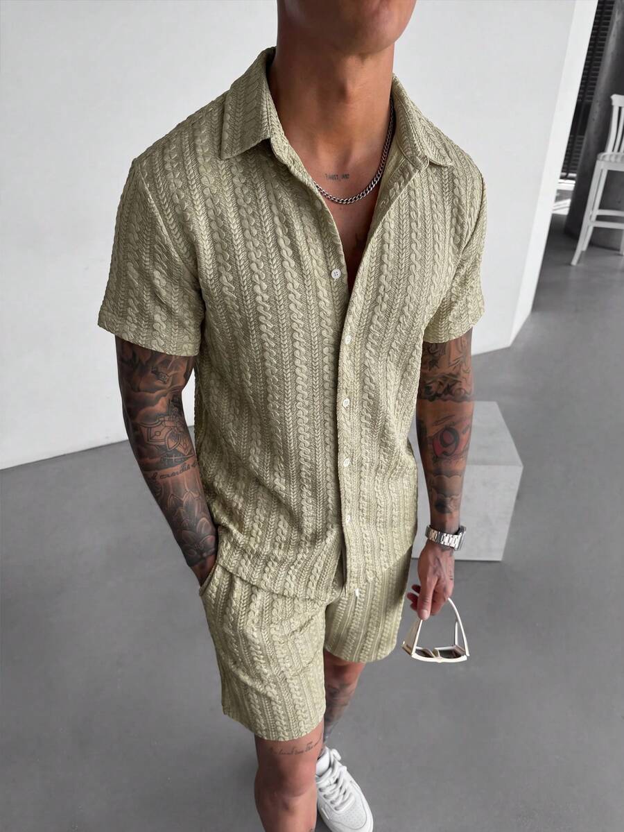 Manfinity Homme Men's Short Sleeve Shirt With Collar And Button Placket And Shorts Set - Multicolor - View 1
