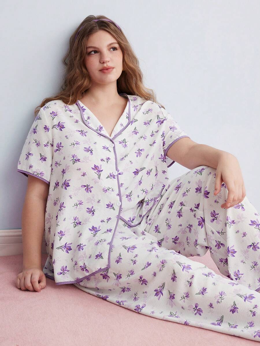 Elorette Floral Pajama Set Plus Size Purple Floral Contrast Trim Short Sleeve Sleepwear Set 2 Piece Pajama Set Purple Pajamas Set - White - View 1