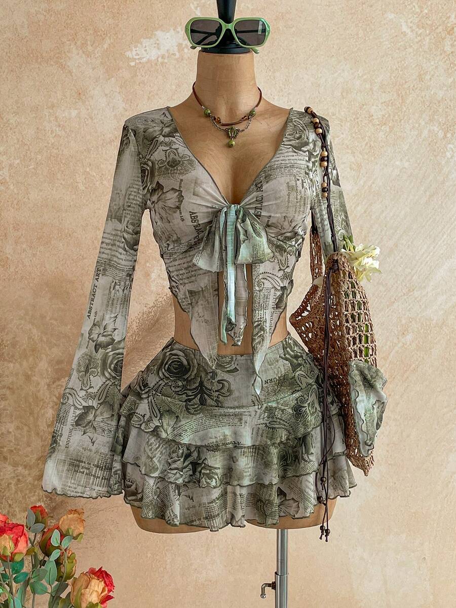 Soleia Conjunto de 2 piezas de blusa y falda casual para vacaciones de mujer - Verde militar - Ver 1