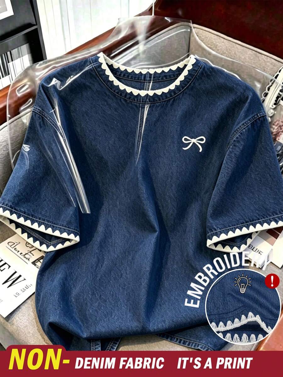 Franclia 女士户外休闲运动T恤,夏季新品,返校季,教师节,仿牛仔布色,锯齿边,女士短袖T恤 - 彩色 - 查看 1