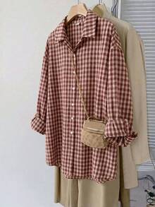 Comfylo Plus Size Women's Plaid Casual Versatile Daily Outing Shirt - Burgundy - View 1
