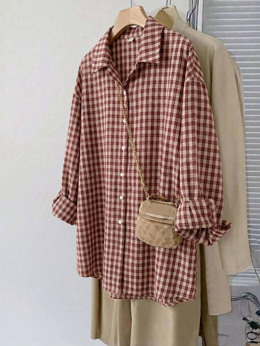 Comfylo Plus Size Women's Plaid Casual Versatile Daily Outing Shirt - Burgundy - View 1