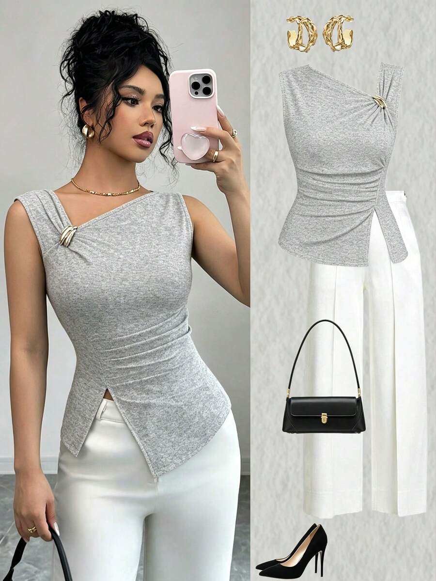 SHEIN Elenzya 夏季時尚不對稱金屬裝飾背心 - 灰色 - 查看 1