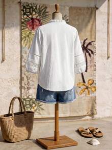 Rusticease Plus Size Autumn Vacation Solid Color Ruffle Collar Patchwork Water-Soluble Lace Front Button Lantern Sleeve Blouse White Elegant Boho Beach Fall - White - View 2