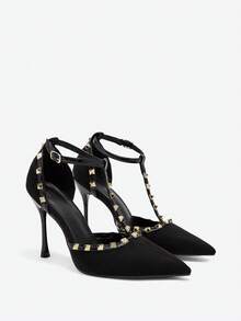 Eladyva Women's Black Studded T-Strap Stilettos - Ankle Buckle Pointed Toe Party Heels,Mothers Day Gift - Black - View 7