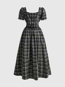 ROMWE Fairycore Plus Size Mori Style Vintage Square Neck Puff Sleeve Plaid Dress - Army Green - View 3