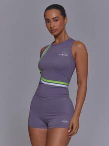 Musera Sport Purple Crewneck Multi Stripe Pattern Sport Logo Sleeveless Fitted Tank Top With Fitted Mini Shorts Coord Sold As Set Gym Vintage Active - Purple - View 3