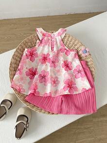 SHEIN Playful Pals 女童度假花卉海灘夏季時尚細肩帶上衣與提花純色短褲 2件組 - 粉色 - 查看 2