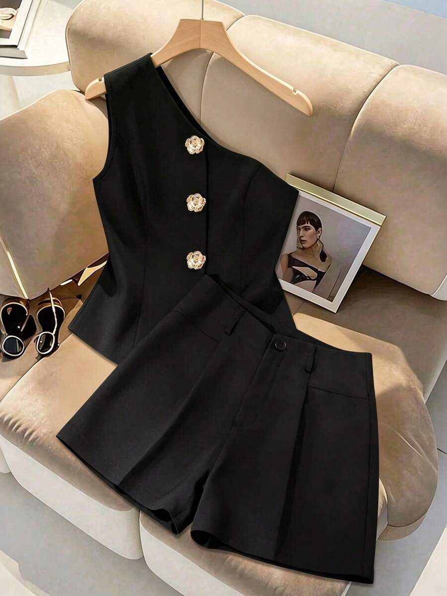 INAWLY Women's Elegant Commuter Formal One-Shoulder Vest Jacket And Shorts Set, Black One-Shoulder Top Vest Jacket And Shorts Set, Black One-Shoulder Jacket, Women's Black Suit Set, Women's Business Casual Suit Set, Women's Workwear Set, Women's Suit Set, Women's Set, Business Suit, Business Casual Women's Suit Set, Women's Suit Set, Office Women's Suit Set, Black Suit Jacket And Shorts Set, Elegant Sleeveless Vest And Shorts - Black - View 1