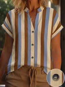 SHEIN Fashionable Versatile Commute Multi-Color Striped Short Sleeve Shirt - Multicolor - View 7
