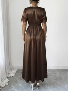 Elenzga Women's Solid Color Elegant Lace Patchwork V-Neck Dress - Coffee Brown - View 2
