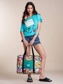 ADVENTURE TIME X SHEIN 1件裝探險卡通遊戲機主題可折疊旅行托特包，輕量聚酯纖維行李套袋，附行李箱手提帶，大容量隨身攜行袋，適合旅行購物，卡通迷與旅行愛好者的完美禮物 - 湖水藍 - 查看 4