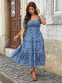 Breezaya Plus Size Women's Square Neck Casual Resort Summer Dress - Blue - View 4