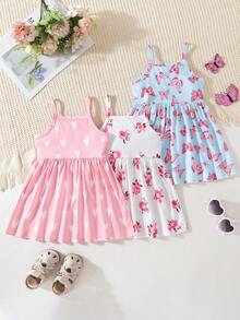 Souflis Souflis Vestido para bebé/niña pequeña (niña), nuevo estilo de verano, estilo casual lindo y divertido, multicolor de varias piezas, vestido ajustado sin mangas con tirantes, estampado floral en todo el Body combinado con vestido de unicolor, estilo pastoral, paleta de colores de dopamina de verano, vestido lindo y de moda, tela suave y cómoda, estilo versátil de moda diaria, adecuado para vacaciones de verano, fiestas, reuniones y otras ocasiones, vestido de niña detallado de nueva llegada para vacaciones, conjunto de 3 piezas - Multicolor - Ver 2
