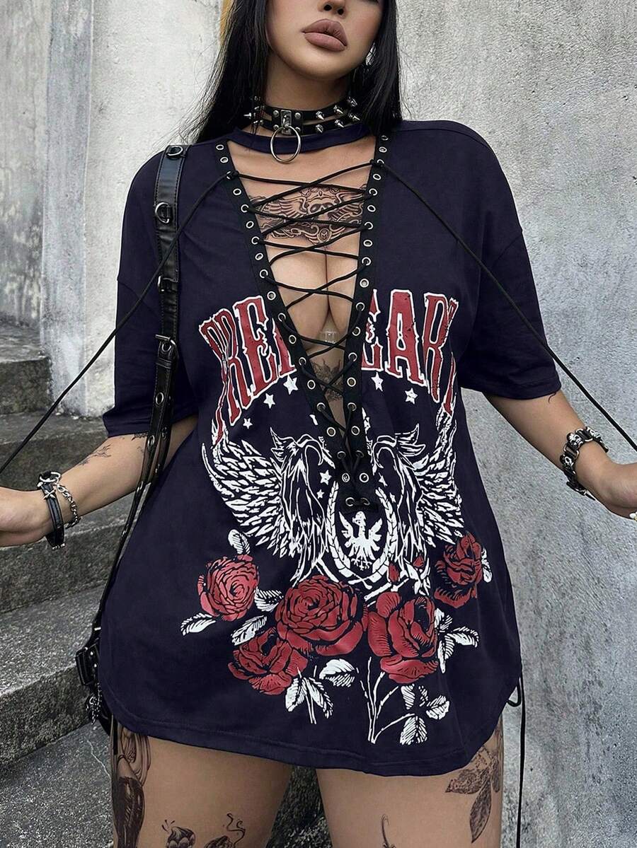 Whyspr 暗黑龐克風復古黑色機車搖滾圖案前綁帶女款T恤 - 藏蓝色 - 查看 1