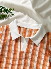 SHEIN Playful Pals 2件組小男孩夏季復古條紋紋理短袖 Polo 衫 + 休閒短褲套裝，適合日常外出、幼兒園、家庭旅行等場合 - 橘色 - 查看 6