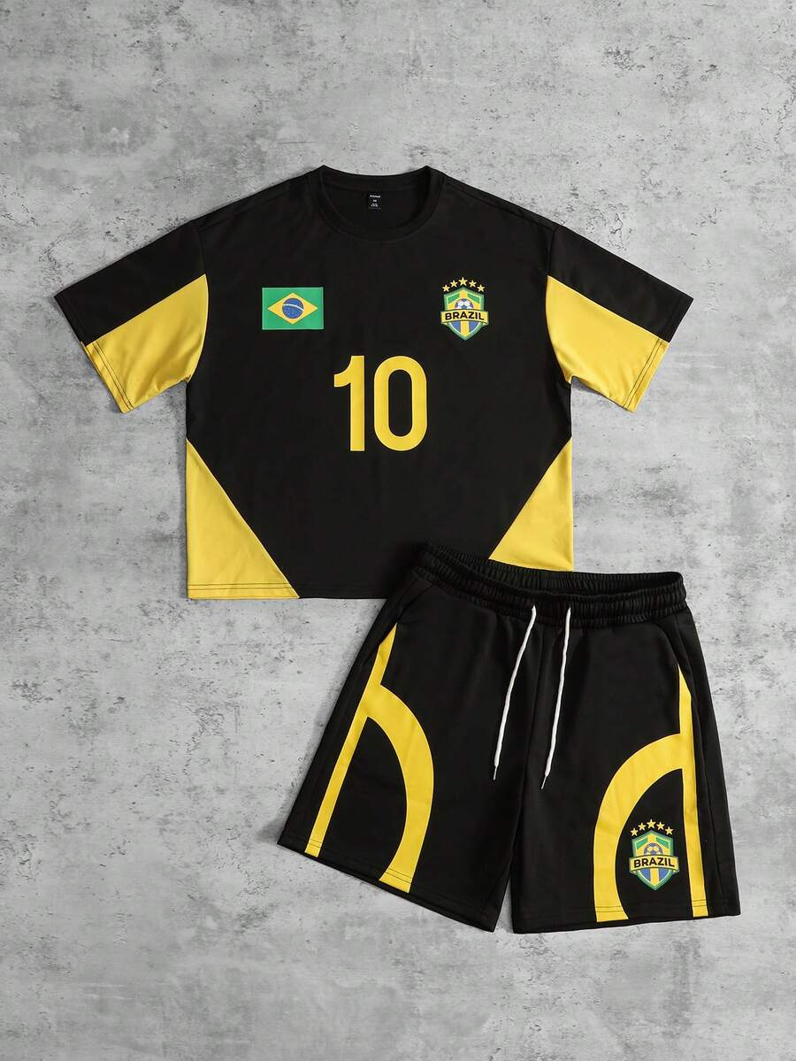 ROMWE MEN Men's World Cup Brazil T-Shirt And Drawstring Waist Shorts Set - Black - View 1