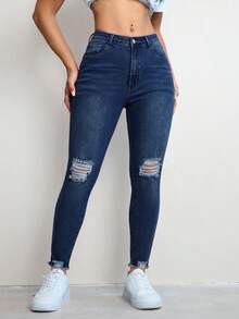 SHEIN Unity Plus Size Women's Distressed Street Style Kawaii Casual Formal Skinny Leg Jeans Back-To-School Graduation Navy Blue Summer Club - Dark Wash - View 7
