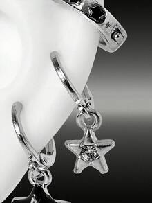 MortiRose 6pcs Minimalist Metal Black Drip Oil Star Hoop Earrings & Stud Earrings Set, Multi-Piece Earring Set For Party - Black Star - View 8