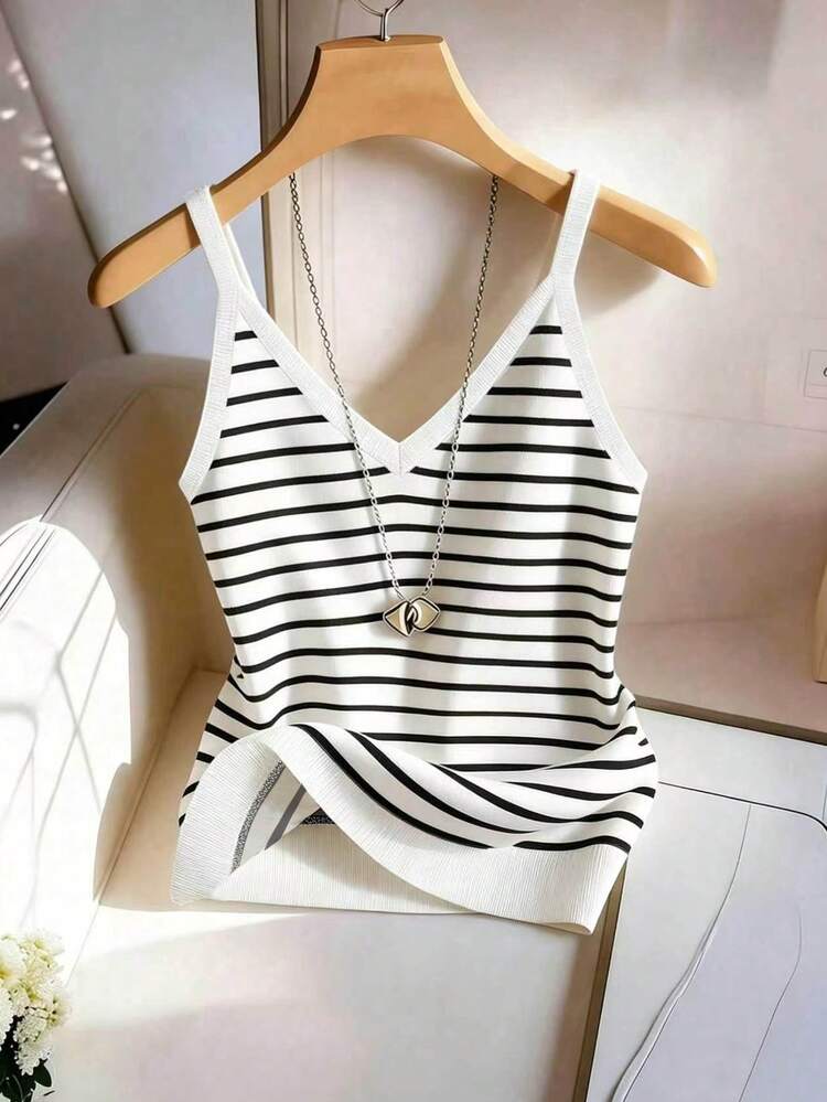 Franclia Women's Black And White Striped Camisole Top, Summer, Spring/Summer Elegant Vacation Wear, Elegant Party Wear - Multicolor - View 1