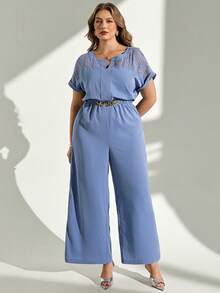 Chikora Plus Size Summer Casual Elegant Solid Color Short Sleeve Jumpsuit Brunch Bussines Evening Office Dusty Blue - Blue - View 5