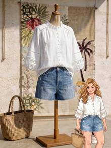 Rusticease Plus Size Autumn Vacation Solid Color Ruffle Collar Patchwork Water-Soluble Lace Front Button Lantern Sleeve Blouse White Elegant Boho Beach Fall - White - View 1