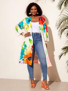 BrightlyHer Plus Size Women's Floral Print Fashion Jacket For Beach Vacation - Multicolor - View 4