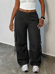 Slaydiva Pantalon cargo femme vintage streetwear noir à poches multiples avec design de ruban, pantalon long décontracté pour le trajet et les vacances - Noir - Voir 3