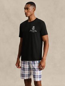 EverLounge Men's Basic Casual Fashion British Style Letter Print T-Shirt Top And Plaid Shorts Loungewear Set Back-To-School Home Black White Summer - Black - View 1