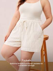 LUVLETTE Plus Size Women's Apricot Striped Linen Sleep Pants, Casual Wide Leg Pants With Pockets. - White - View 6