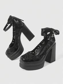 ROMWE Women's Fashion And Sexy Platform High-Heeled Shoes, Punk Style, Gothic Style, Dark Style, Hollow Embroidery And Engraving, Buckle - Black - View 5