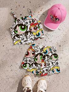 THE POWERPUFF GIRLS X SHEIN GraphicGems 少女全印花不對稱下擺吊帶背心與短褲套裝 - 彩色 - 查看 2