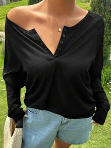 Dazy Plus Solid Color Large Scoop Neck Half-Open Placket Long Sleeve T-Shirt Spring/Summer - Black - View 7