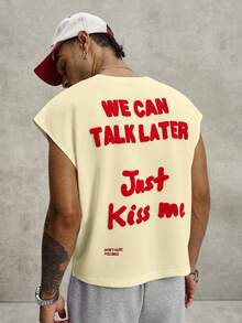PAVTROS Men's Slogan Towel Embroidery Design Crew Neck Casual Tank Top - Apricot - View 4