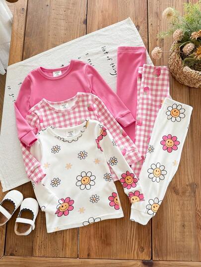 LMoss Kids Bộ đồ mặc nhà 6 món cho bé gái, áo thun dệt kim màu trơn họa tiết kẻ caro hoa dâu tây phong cách thường ngày và quần dài ôm sát