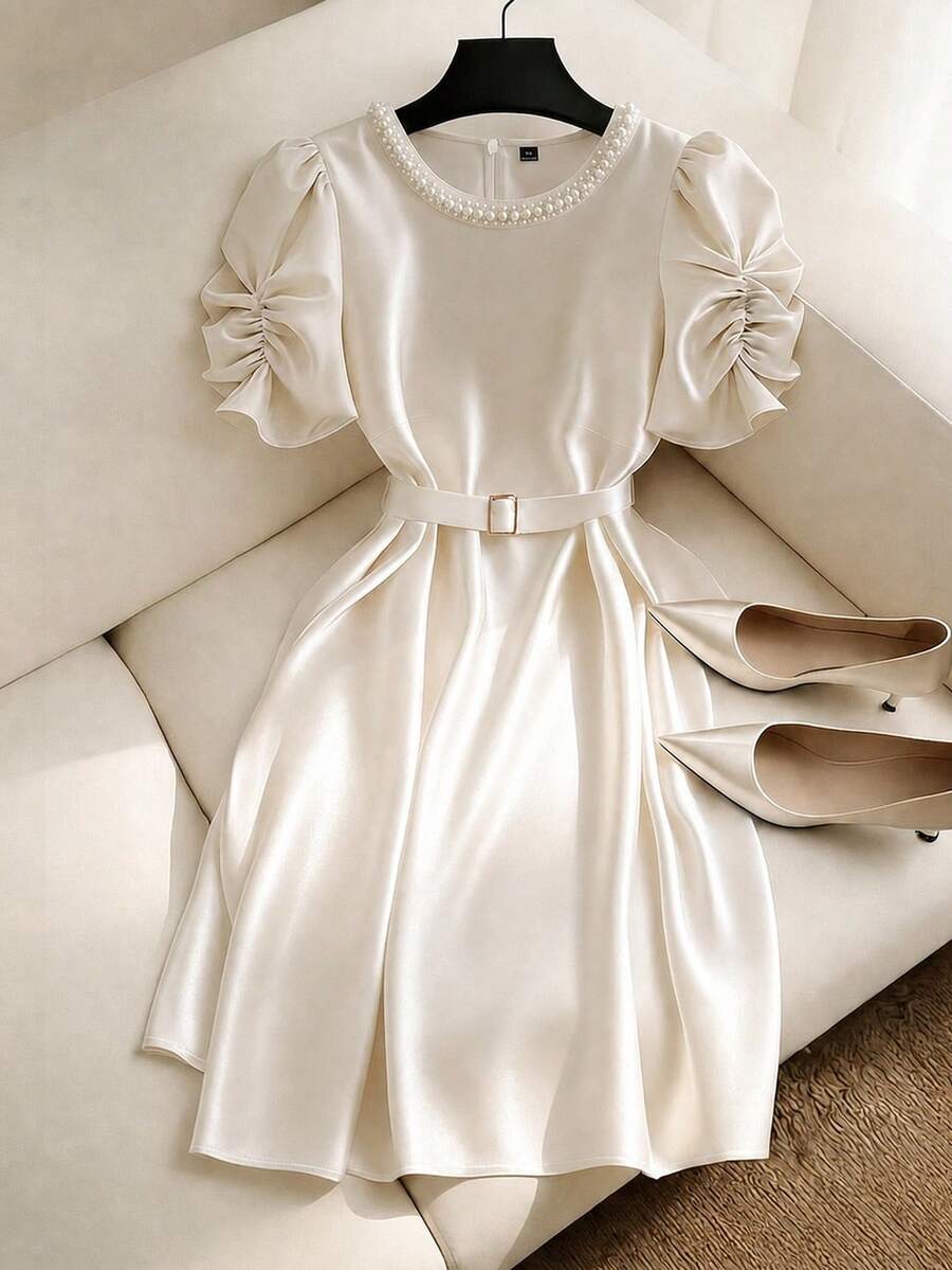 Franclia 大尺碼女款優雅素色珍珠領口洋裝，蕾絲短袖優雅洋裝，素色洋裝，專業約會派對雞尾酒洋裝，女裝，春夏季秋季洋裝