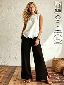 Omancia Conjunto de top sin mangas con volantes en el bajo y pantalones rectos de lino con sensación vintage, elegante, cómodo y minimalista para vacaciones de verano - Negro - Ver 6